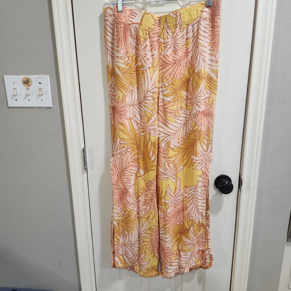 Tahari Linen Blend Tropical Palm Print 2 Piece Set Crop Top Wide Leg Pants L - Picture 4 of 8